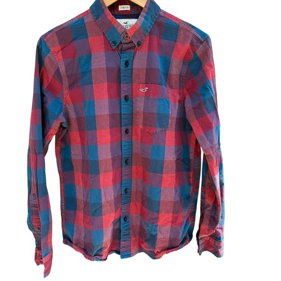 Hollister men’s stretch Plaid Button-Down Shirt - Red and Blue Size M - Picture 1 of 9